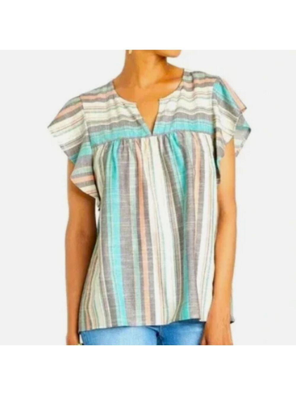 Womens Knox Rose Sea Glass Striped Beachy Boho Flutter Sleeve Blouse. Size M